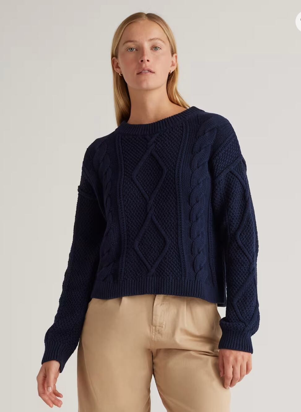 100% Organic Cotton Cropped Cable Crew Navy Sweater